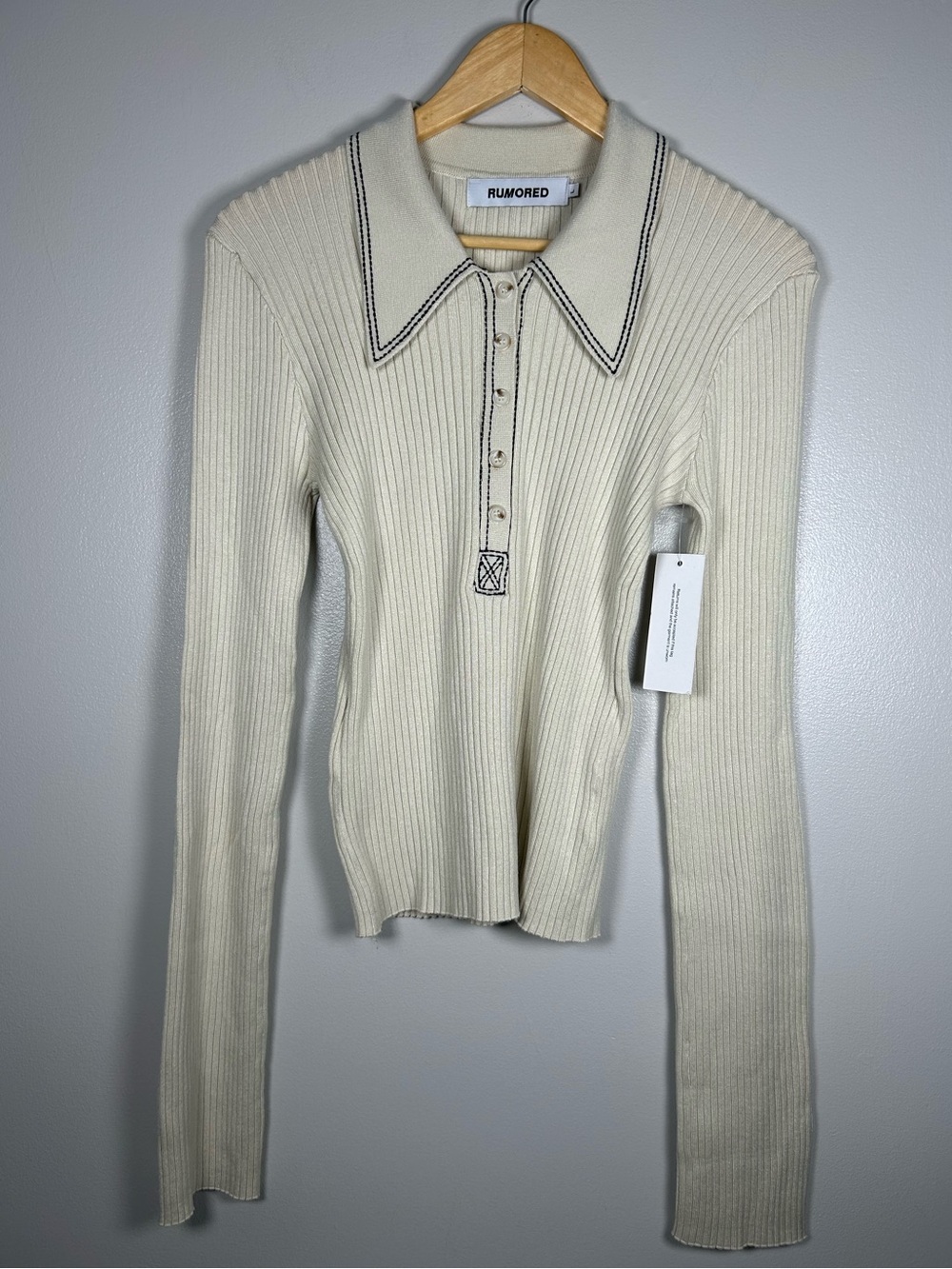 Rumored Ribbed Long Sleeve Polo Sweater Knit Top Cream Contrast Stitch - Picture 2 of 12